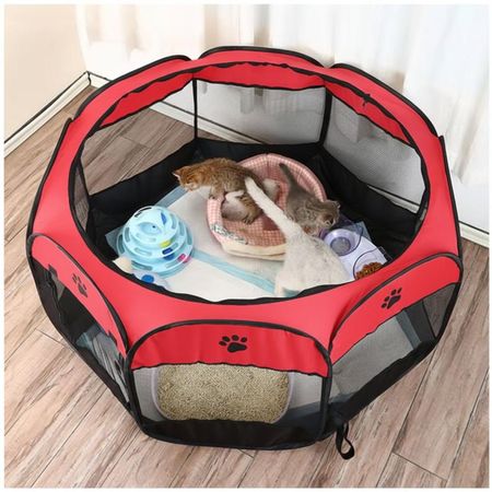 Corral Cama para Gatos Perros Casa para Mascotas Amplio Plegable Portátil Rojo