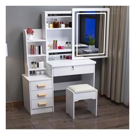 Tocador De Maquillaje Espejo Con Luz LED Taburete Para Dormitorio Blanco