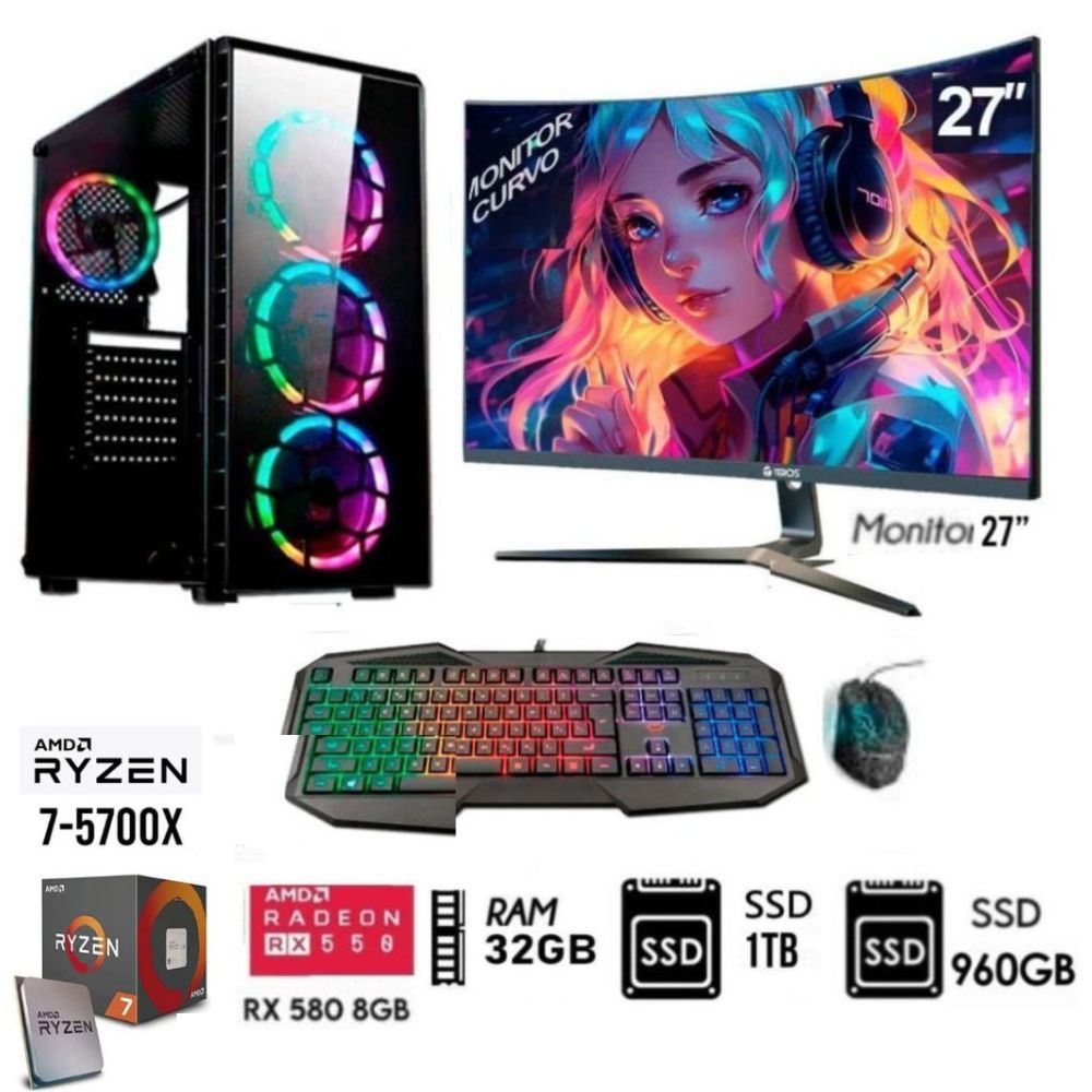 Computadora PC Gamer RYZEN 7 5700X Ram32GB -SSD M2   1TB  -SSD 960GB -RX 580 8GB -M27