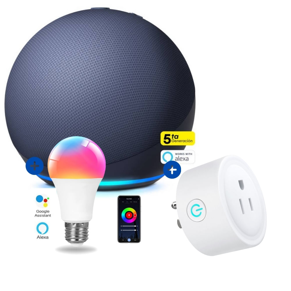 Amazon Echo Dot 5ta Gen Azul + foco inteligente + enchufe Smart ...