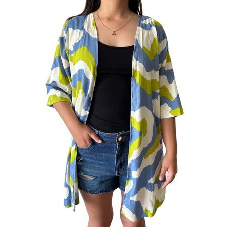 Kimono mujer Corto Nova Lino estampado - Talla M Celeste M