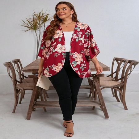 Kimono Gracielle Estampado Floreado Manga Murciélago - Talla XL Burdeos