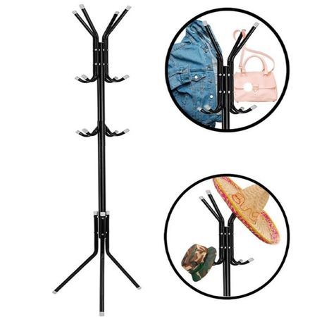 Moderno Perchero Multifuncional de Pie 3 Niveles y 12 Ganchos Negro