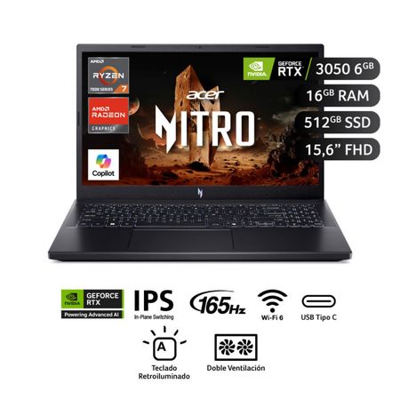 Laptop Gamer Acer Nitro V AMD Ryzen™ 7 7735HS 16GB RAM 512GB SSD 15.6