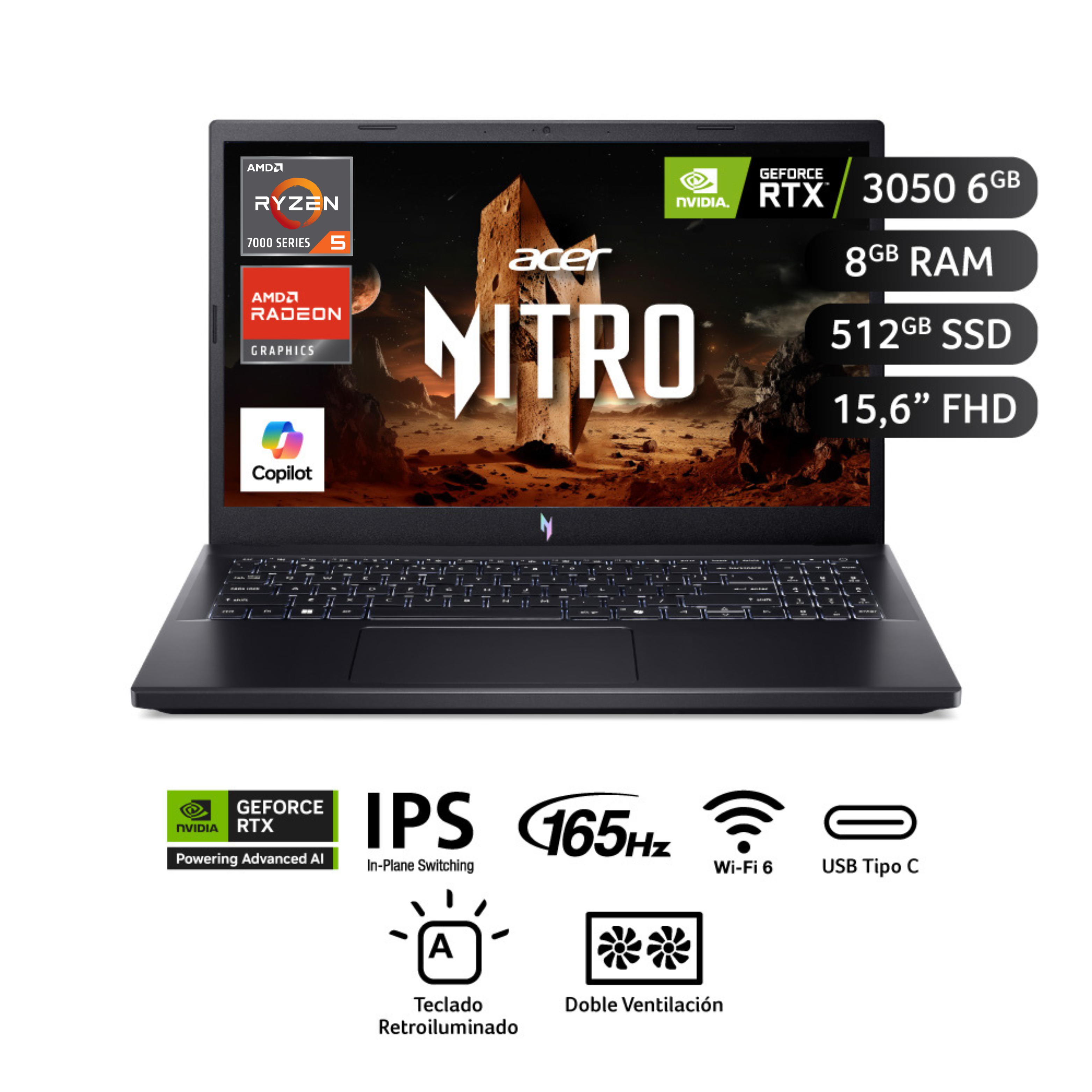 Laptop Gamer Acer Nitro V AMD Ryzen™ 5 7535HS 8GB RAM 512GB SSD 15.6"" RTX 3050
