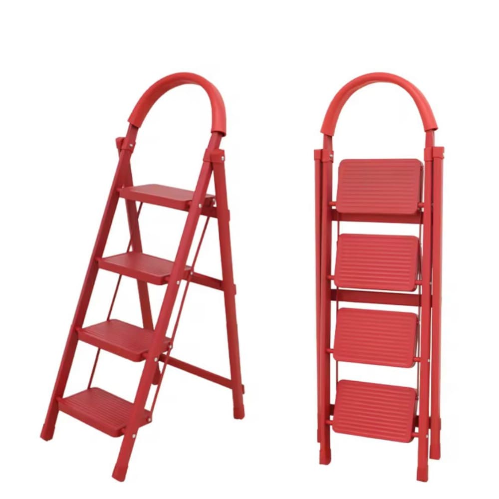 Escalera 4 Escalones Plegable Rojo Seguridad Antideslizante Reforzado Metal Compacto Hogar Oficina