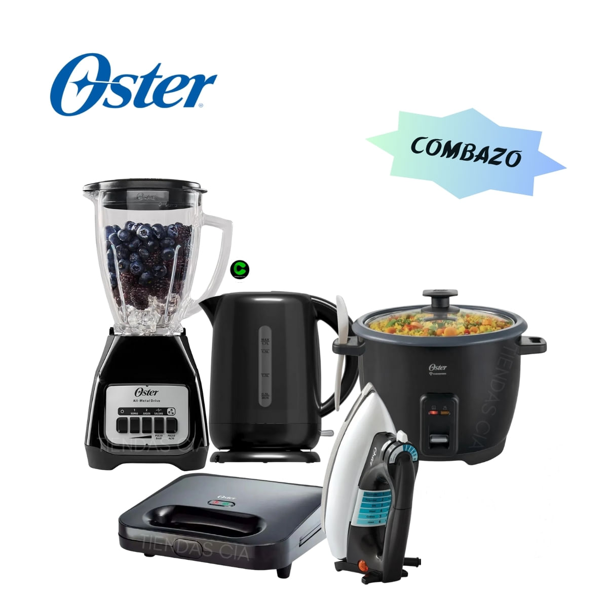 Combazo Oster Licuadora 1.5L - Hervidor 1.7L - Olla Arrocera 10 Tazas - Sandwichera y Plancha