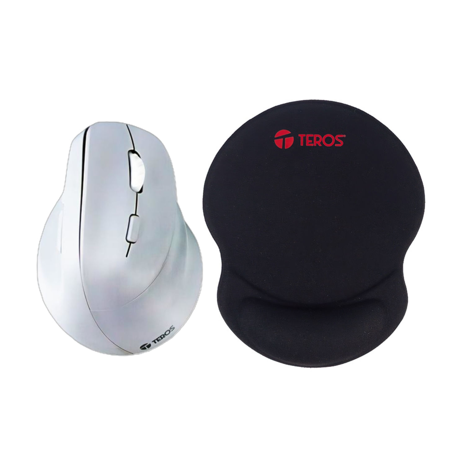 Mouse Ergonómico Vertical Teros TE1236S Color Blanco y Mouse Pad Teros con Almohadilla Gel