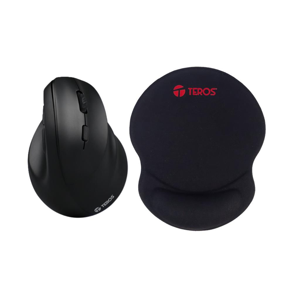 Mouse Ergonómico Vertical Teros TE5169N Color Negro y Mouse Pad Teros con Almohadilla Gel