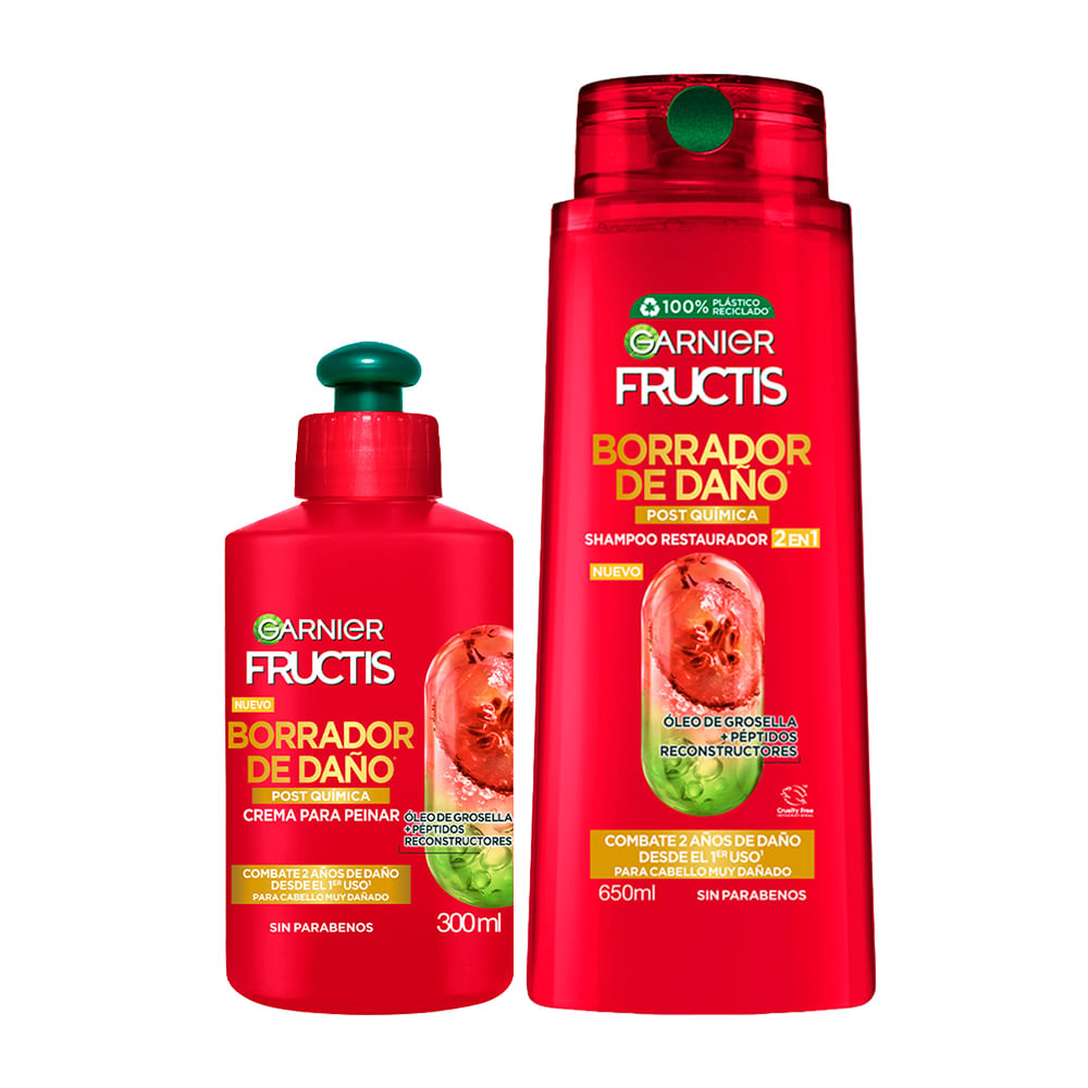 Pack Shampoo FRUCTIS Borra Daño Químico Frasco 650ml + Crema para Peinar FRUCTIS Borra Daño Químico