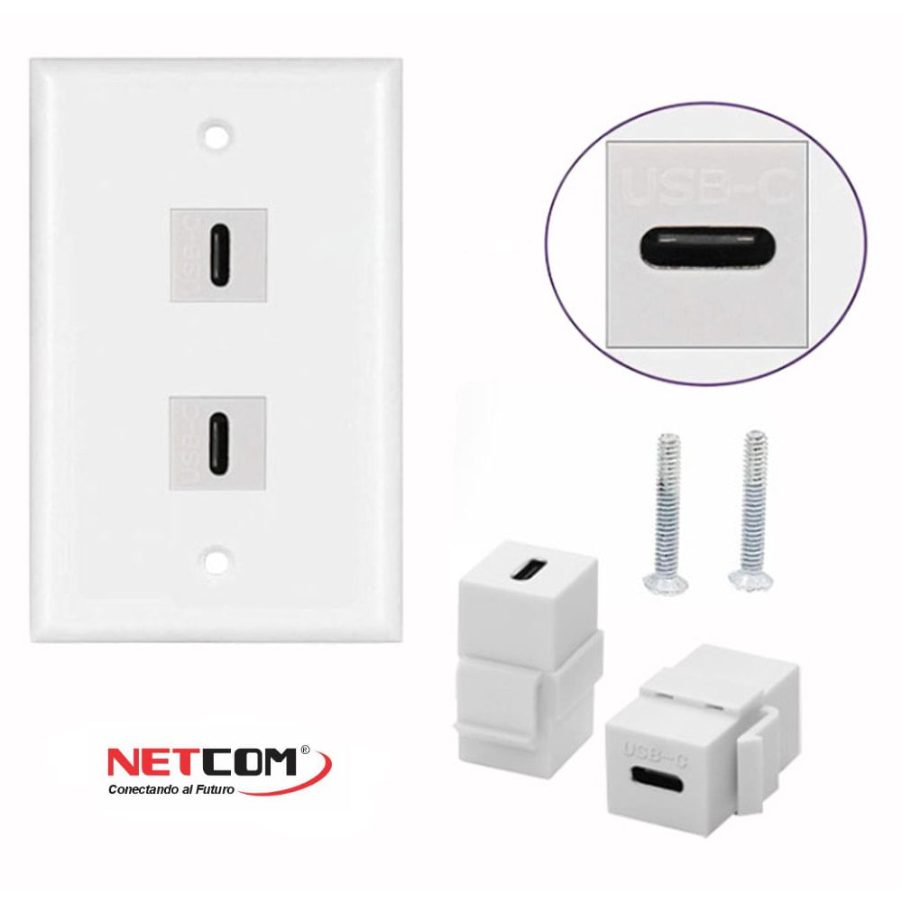 Placa de Pared ABS 2 Puertos USB C TIPO C Faceplate Hembra a Hembra NETCOM