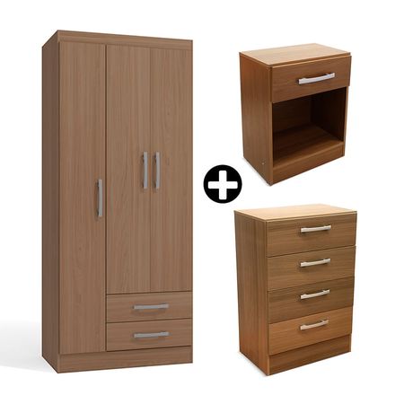 COMBO Ropero Cali 3 puertas Nature + Cómoda Cali 4 cajones Nature + Velador Cali 1 cajón Orange