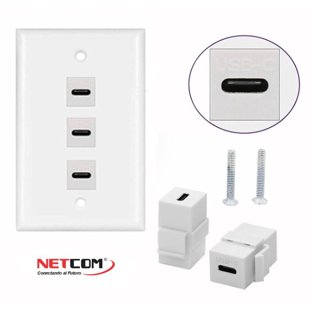 Placa de Pared ABS 3 Puertos USB C TIPO C Faceplate Hembra a Hembra NETCOM