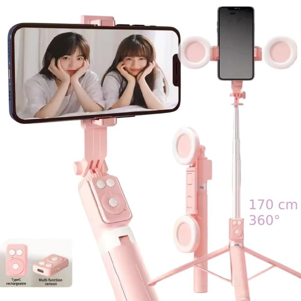 Tripode para Celular Control Bluetooth Luz Led 170cm Rosa Palo Selfie