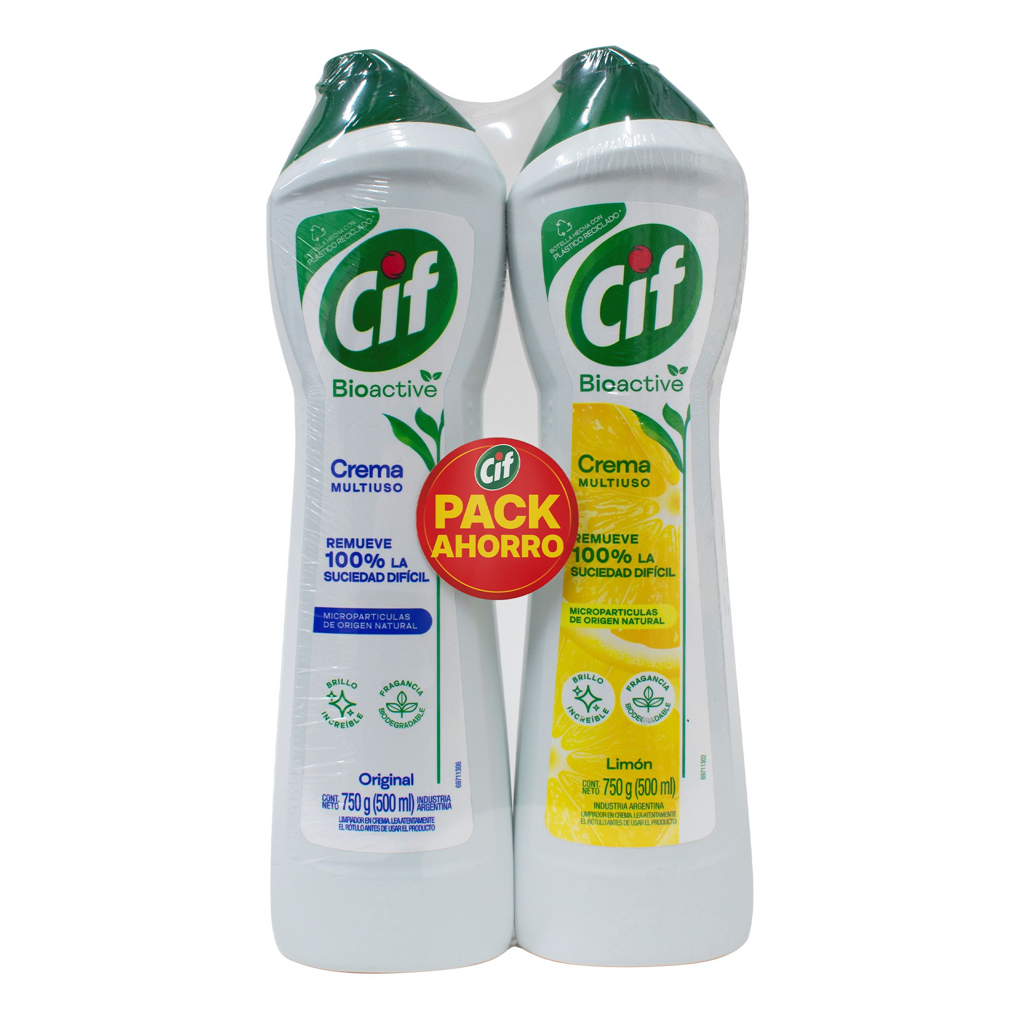 Pack CIF Limpiador en Crema Multiuso Bioactive Original Frasco 750ml + Limpiador en Crema Multiuso Bioactive Limón Frasco 750ml