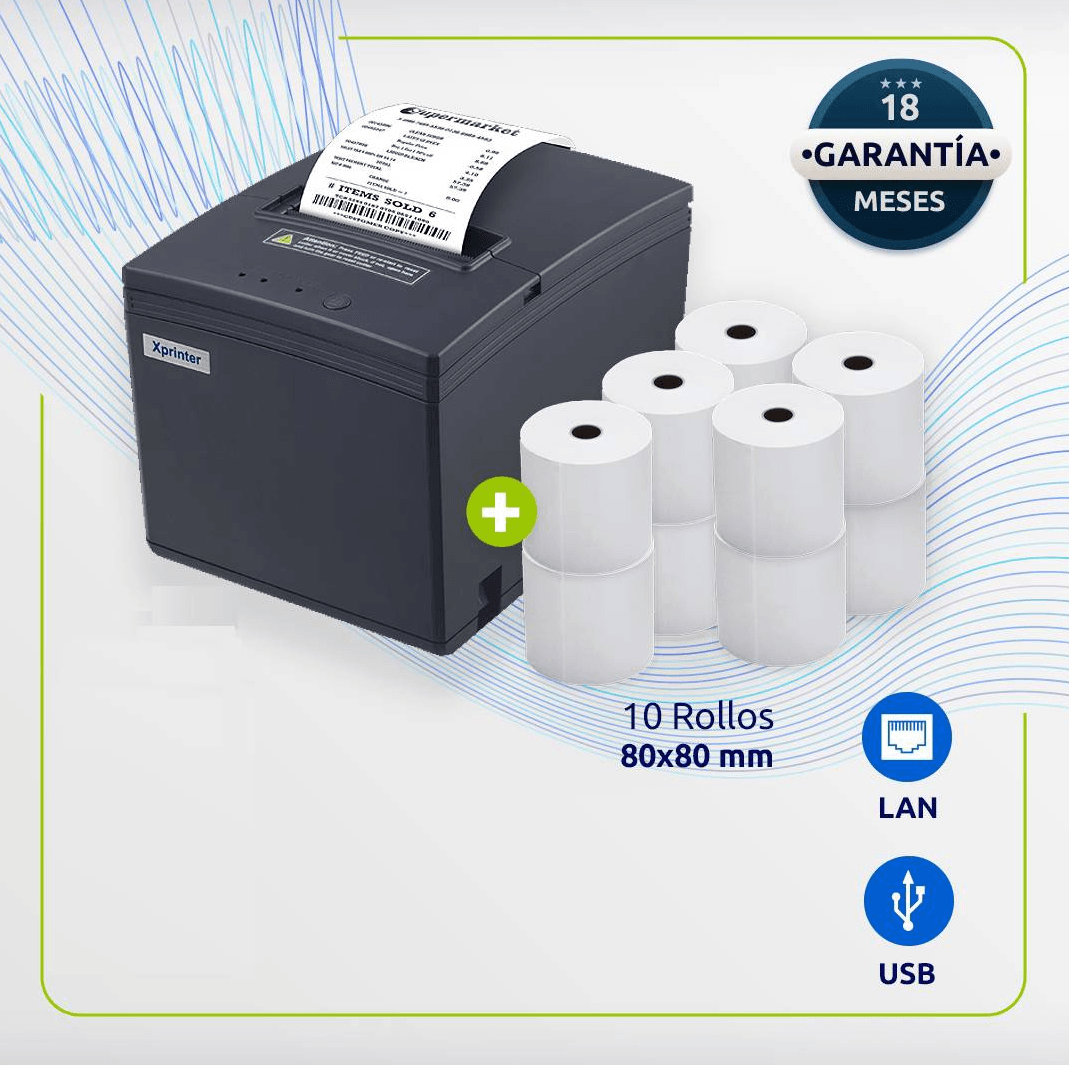 Impresora ticketera térmica ticket 80mm usb lan con 10 rollos 80x80mm