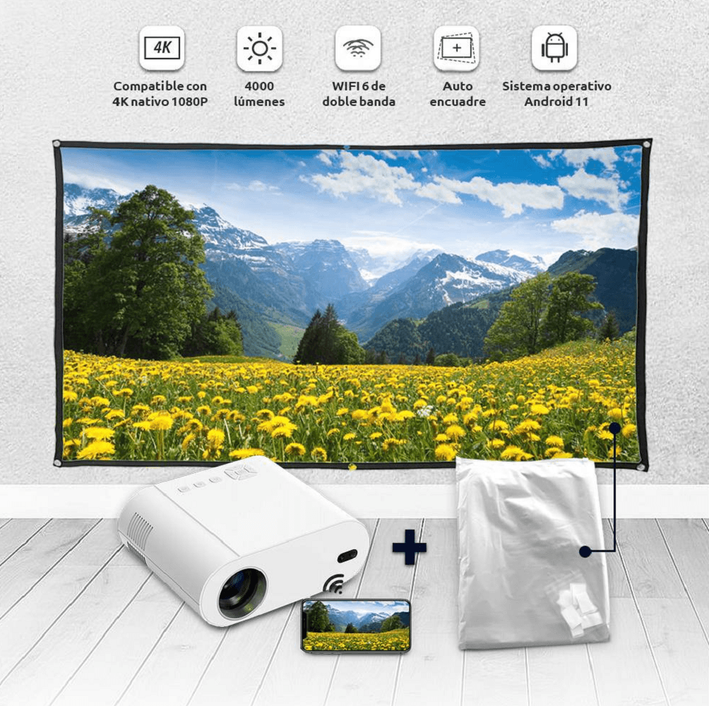 Proyector Android Fullhd WiFi Bluetooth Hdmi AV con Tela Ecran de 120 pulgadas