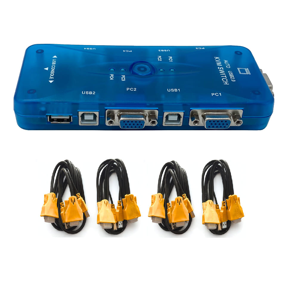 Switch VGA KVM 4 Puertos HD 1080p 3D USB2.0 4 Cables VGA 4PC