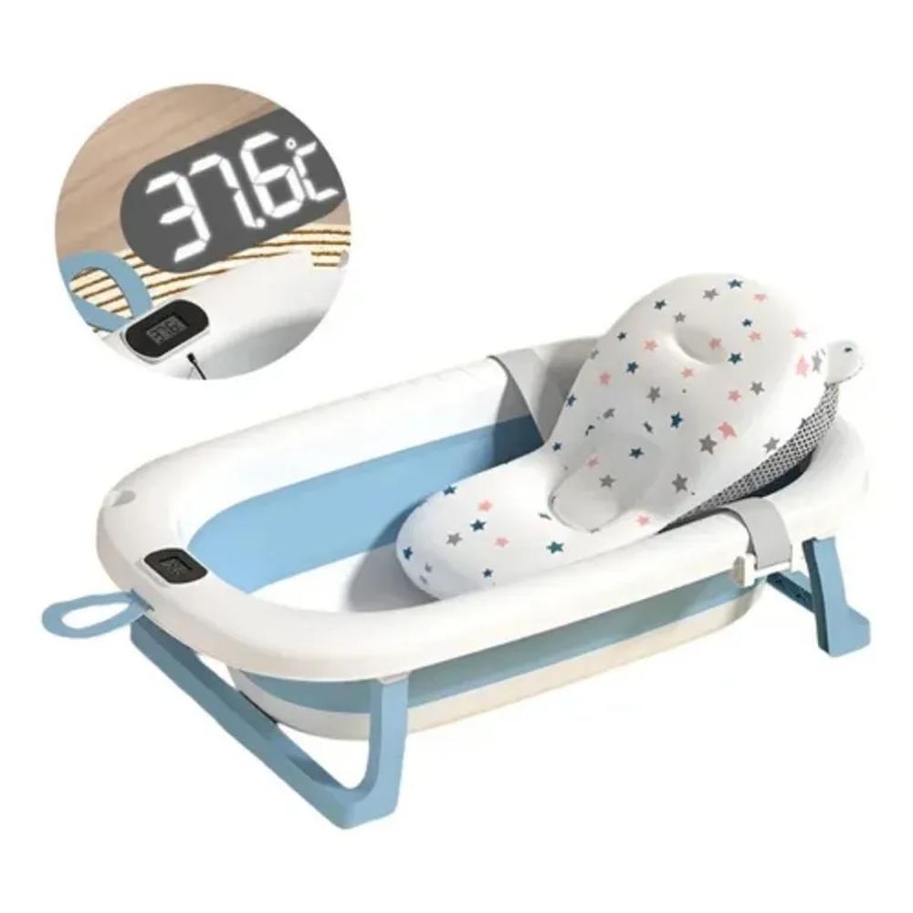 Bañera de Bebe Plegable+Termómetro Cojin Antideslizante Azul