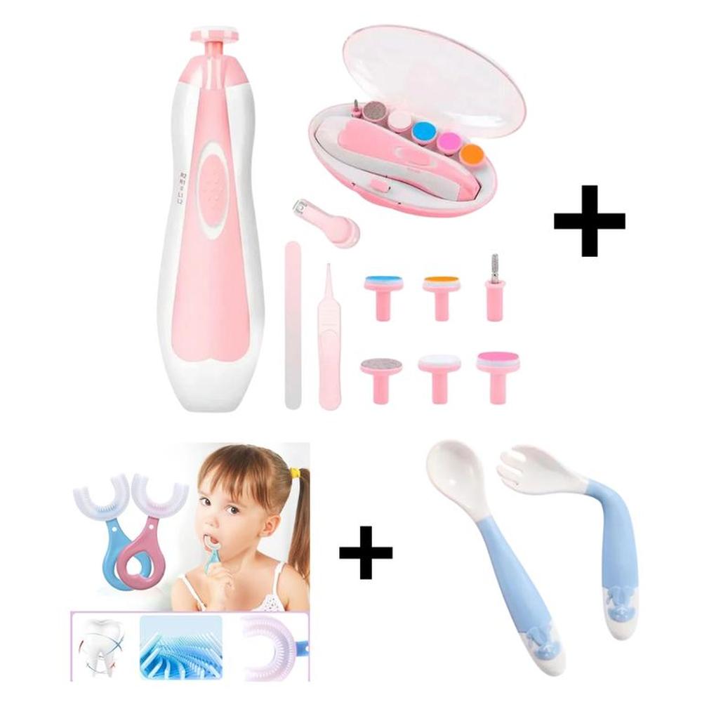 Pulidor de Uñas de Bebes Rosado+Cepillo+Cuchara y tenedor flexible
