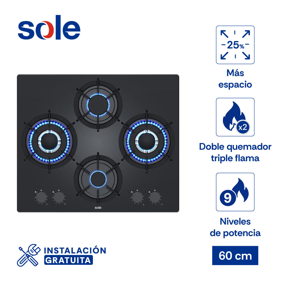 Encimera Rubí Pro Sole Vidrio Templado A Gas 60 Cm 4 Hornillas