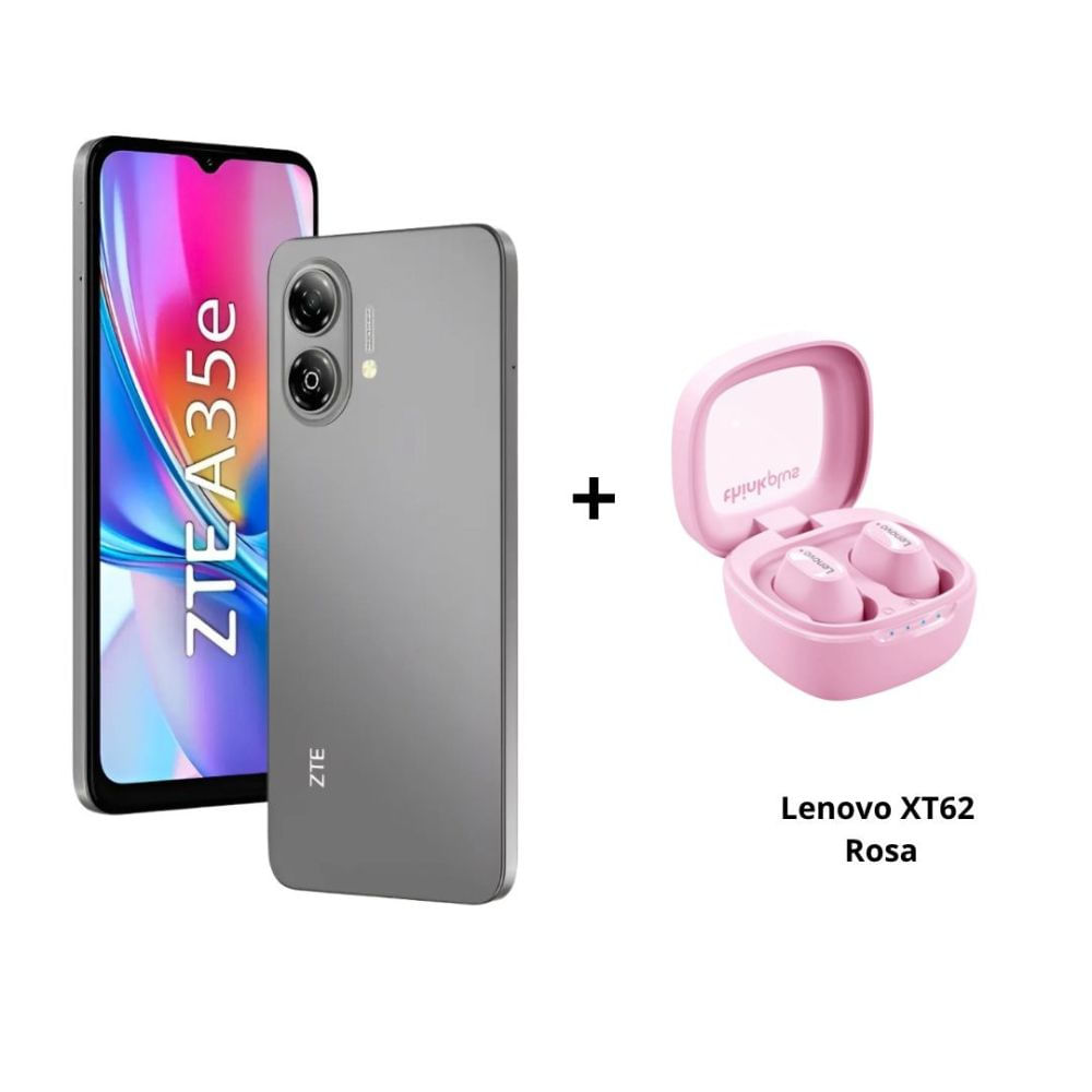 Celular ZTE A35e Gris + Auriculares Lenovo XT62 Rosado