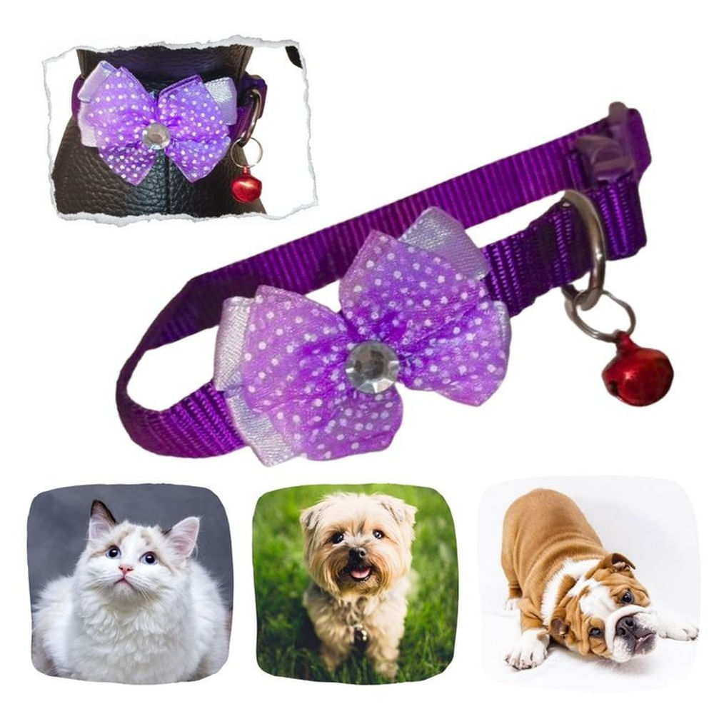 COLLAR ANCHO PARA MASCOTAS-MOÑO GRANDE Y CASCABEL MORADO.