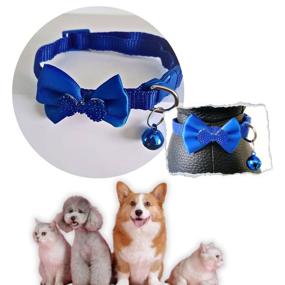 COLLAR PARA MASCOTAS CON MOÑO Y CASCABEL AZULINO.