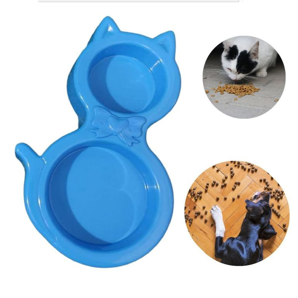 PLATO DOBLE PARA MASCOTA FORMA DE GATO - CELESTE