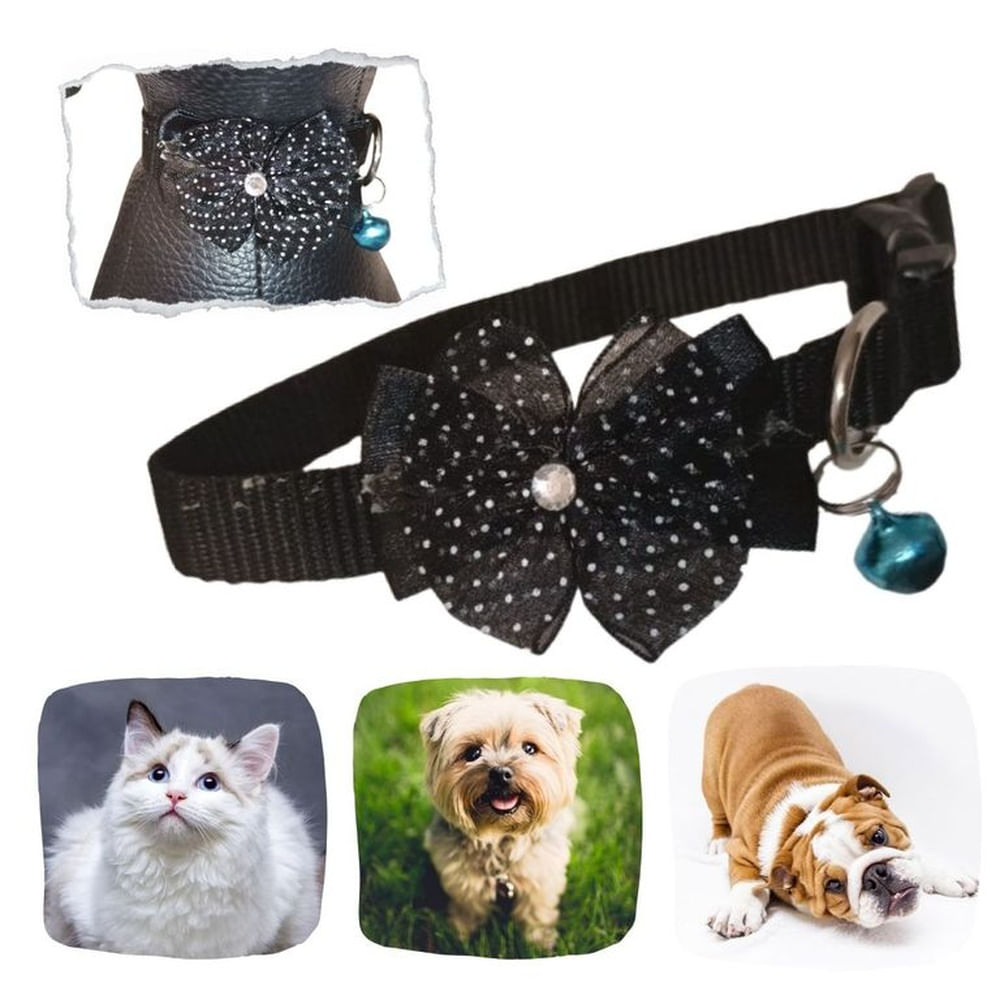 COLLAR ANCHO PARA MASCOTAS-MOÑO GRANDE Y CASCABEL NEGRO.