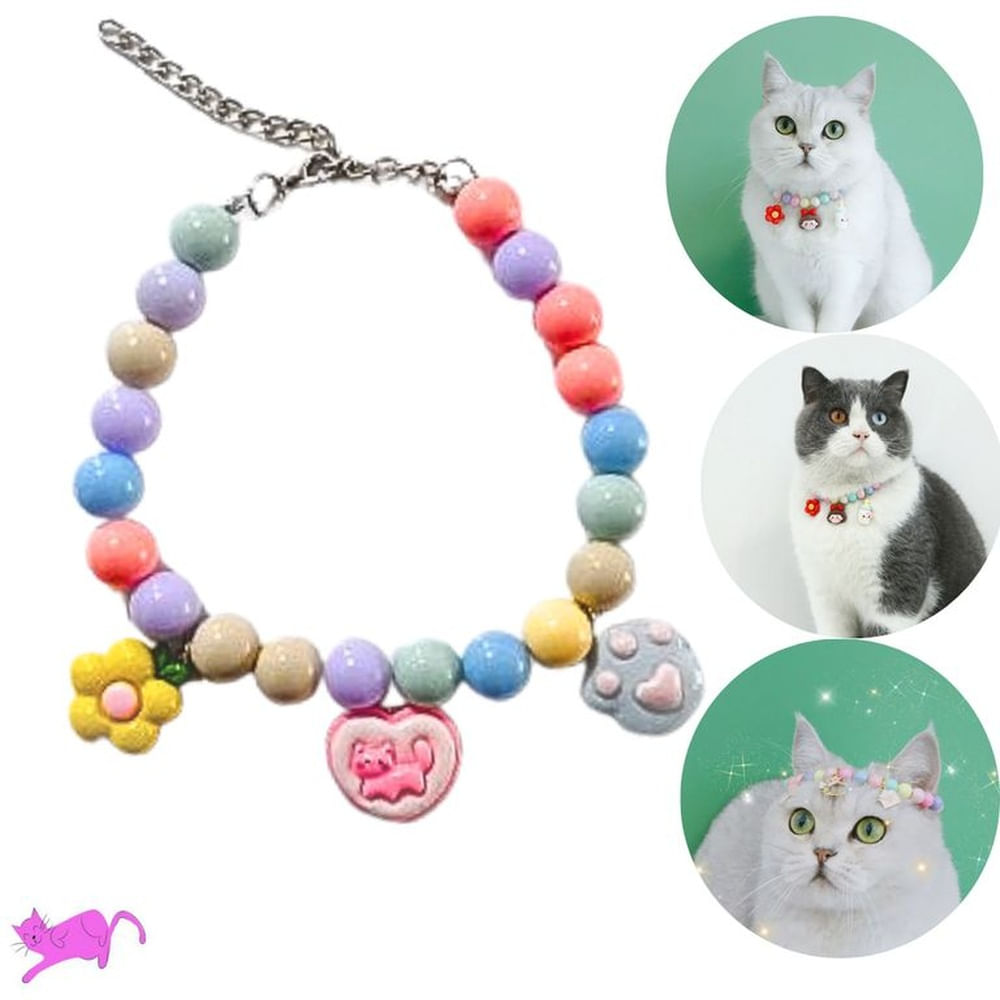 COLLAR PERLAS DE COLORES GATITO