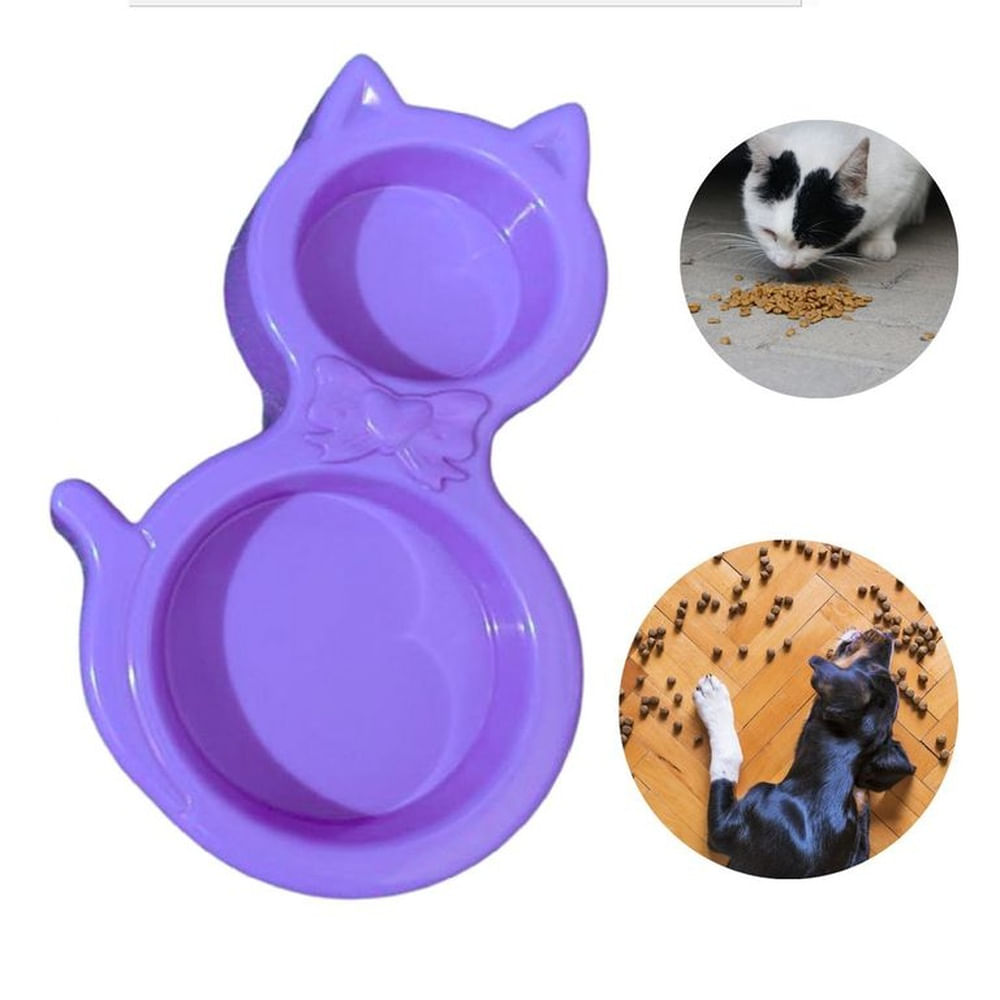 PLATO DOBLE PARA MASCOTA FORMA DE GATO - LILA