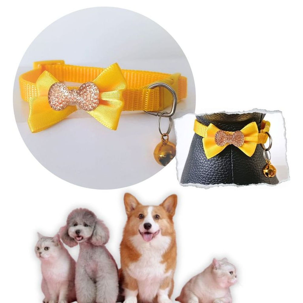 COLLAR PARA MASCOTAS CON MOÑO Y CASCABEL AMARILLO.