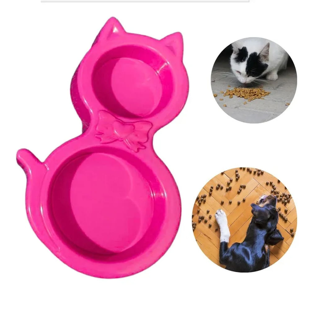PLATO DOBLE PARA MASCOTA FORMA DE GATO - ROSADO