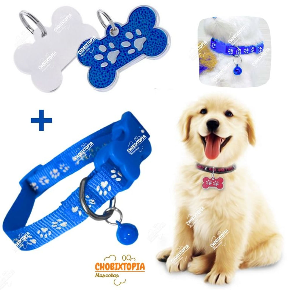 PLACA Y COLLAR P-MASCOTAS C-CASCABEL - AZUL AZUL