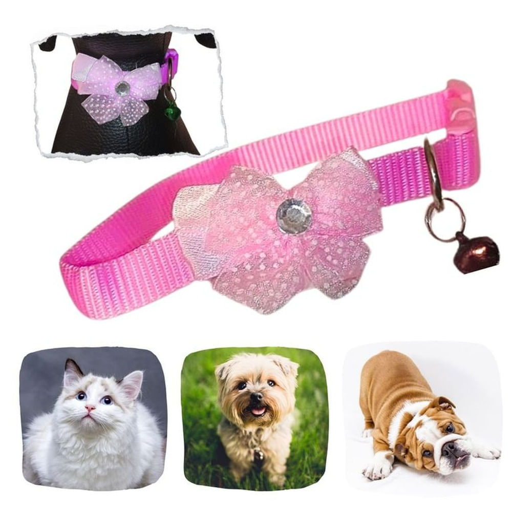 COLLAR ANCHO PARA MASCOTAS-MOÑO GRANDE Y CASCABEL ROSADO.
