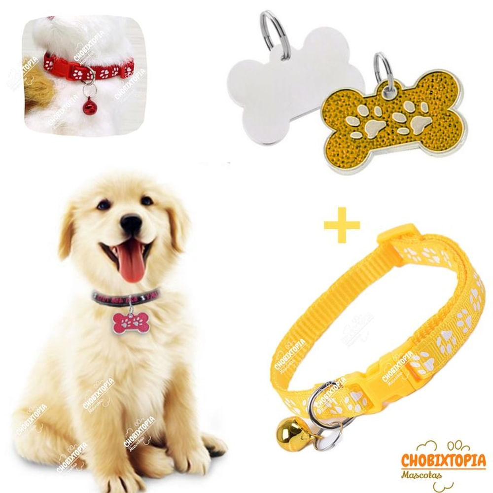 PLACA Y COLLAR PARA MASCOTAS CON CASCABEL - AMARILLO