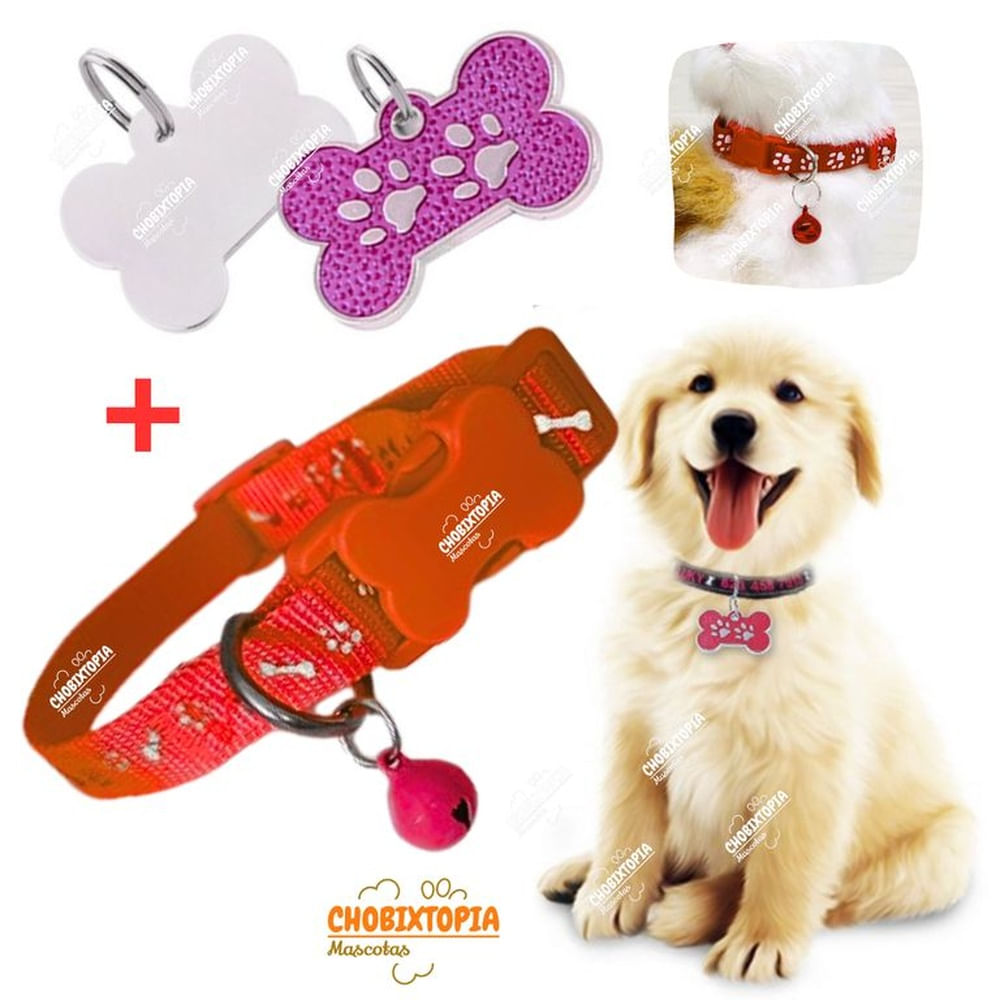 PLACA Y COLLAR PARA MASCOTAS CON CASCABEL - ROSA y ROJO
