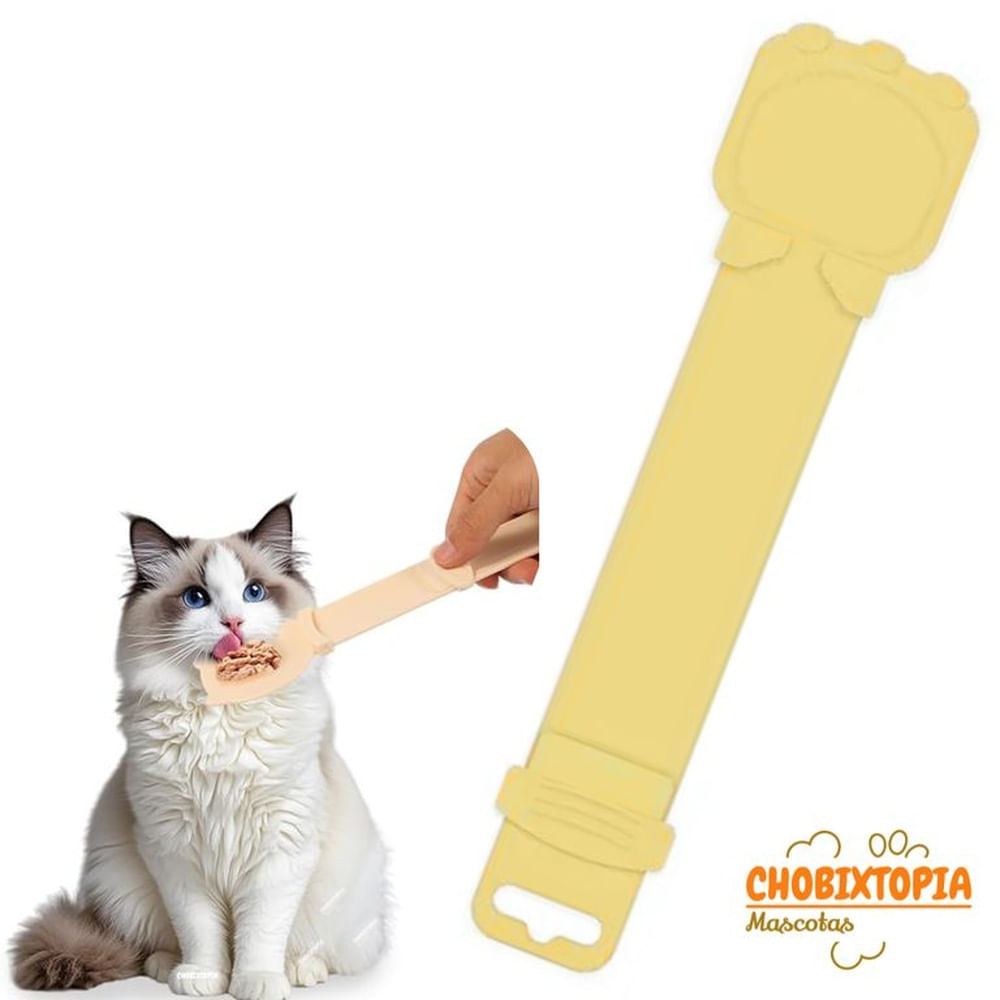 CUCHARA DISPENSADOR EXPRIMIBLE CON TIRA PARA GATOS AMARILLO