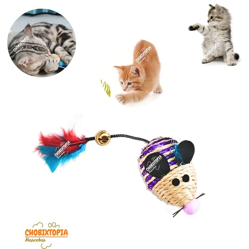 RATON DE PAJA CON PLUMA Y CASCABEL PURPURA