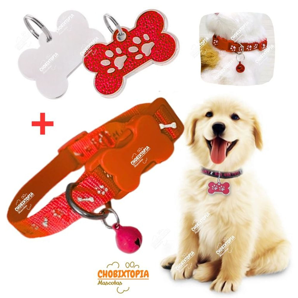 PLACA Y COLLAR PARA MASCOTAS CON CASCABEL - ROJO y ROJO