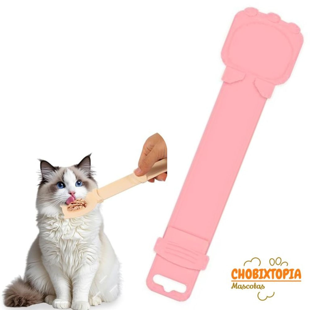 CUCHARA DISPENSADOR EXPRIMIBLE CON TIRA PARA GATOS ROSA