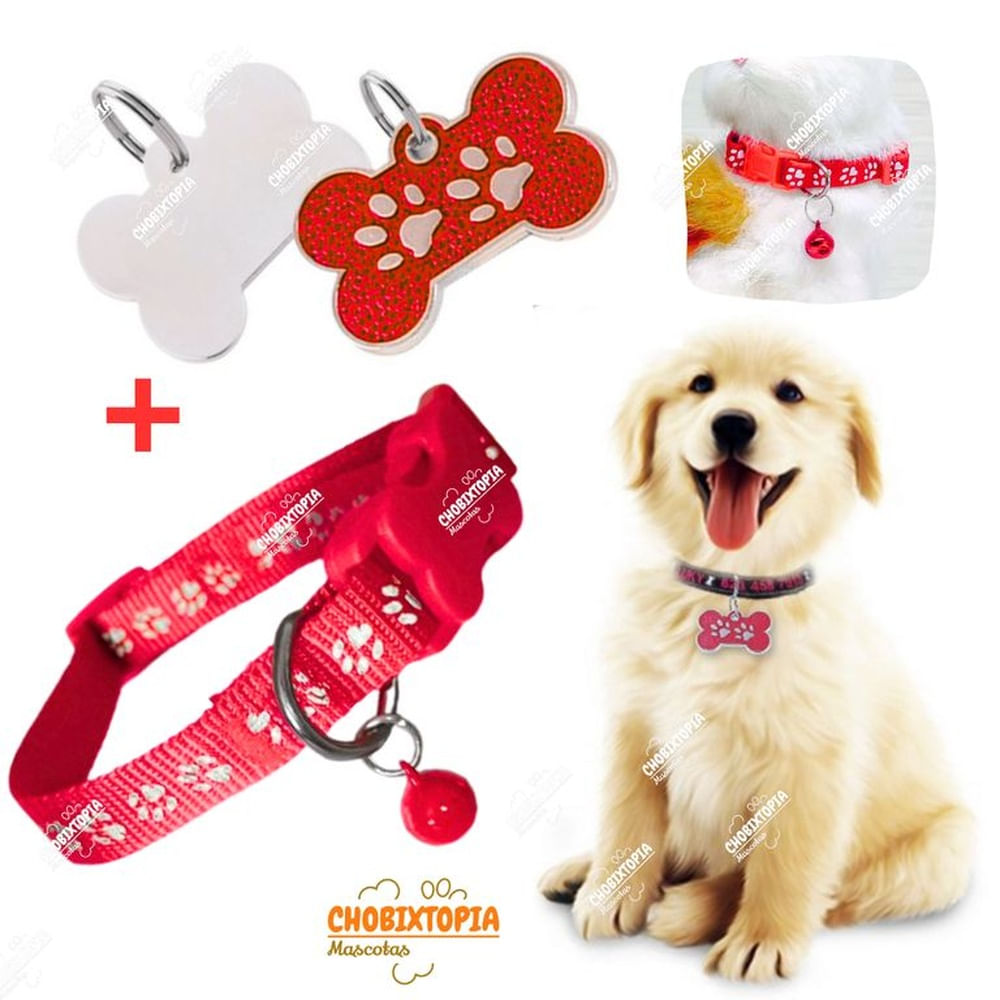 PLACA Y COLLAR P-MASCOTAS C-CASCABEL - ROJO ROJO