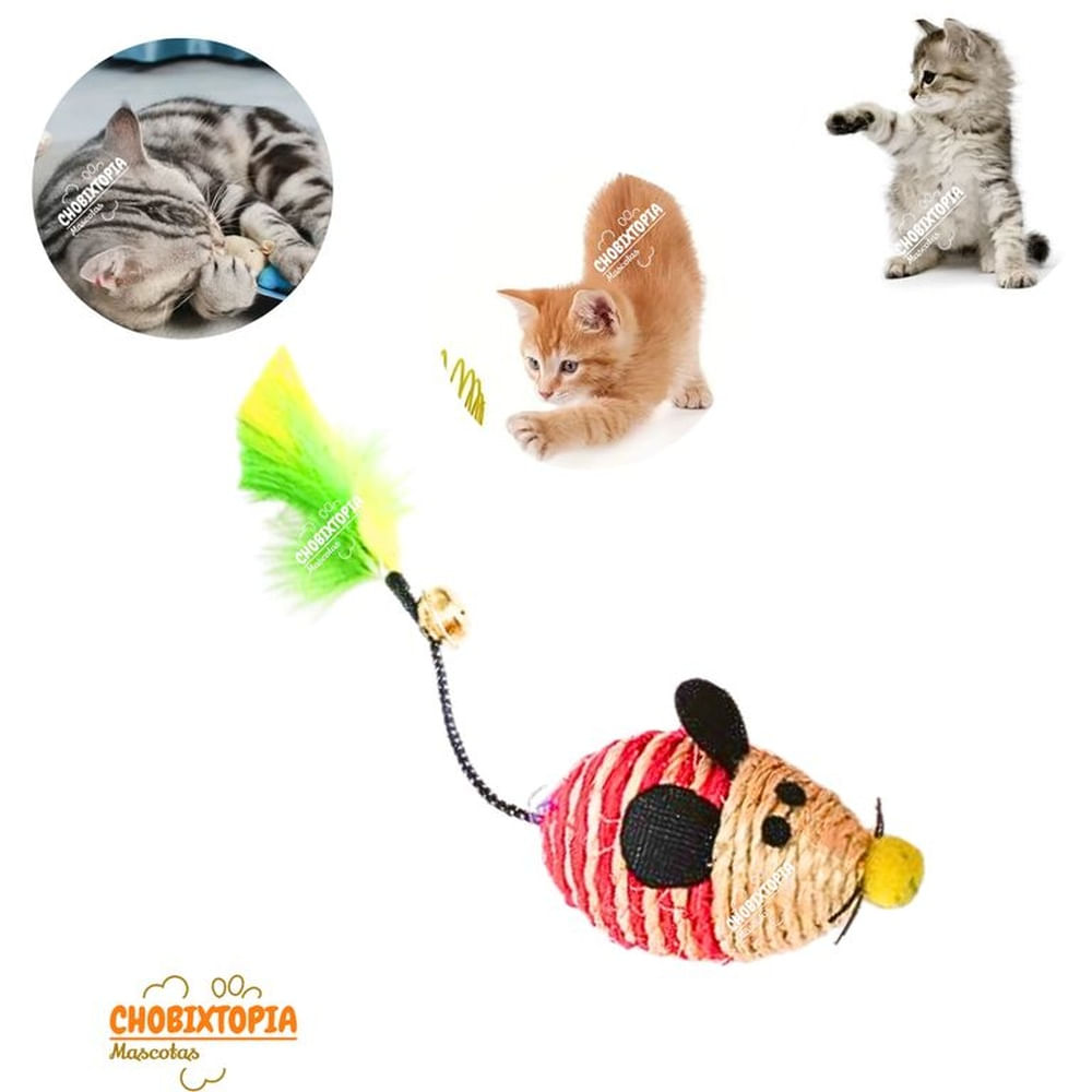 RATON DE PAJA CON PLUMA Y CASCABEL ROJO