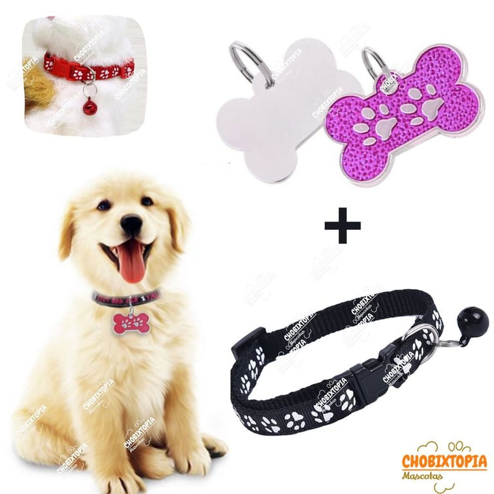 PLACA Y COLLAR PARA MASCOTAS CON CASCABEL - NEGRO