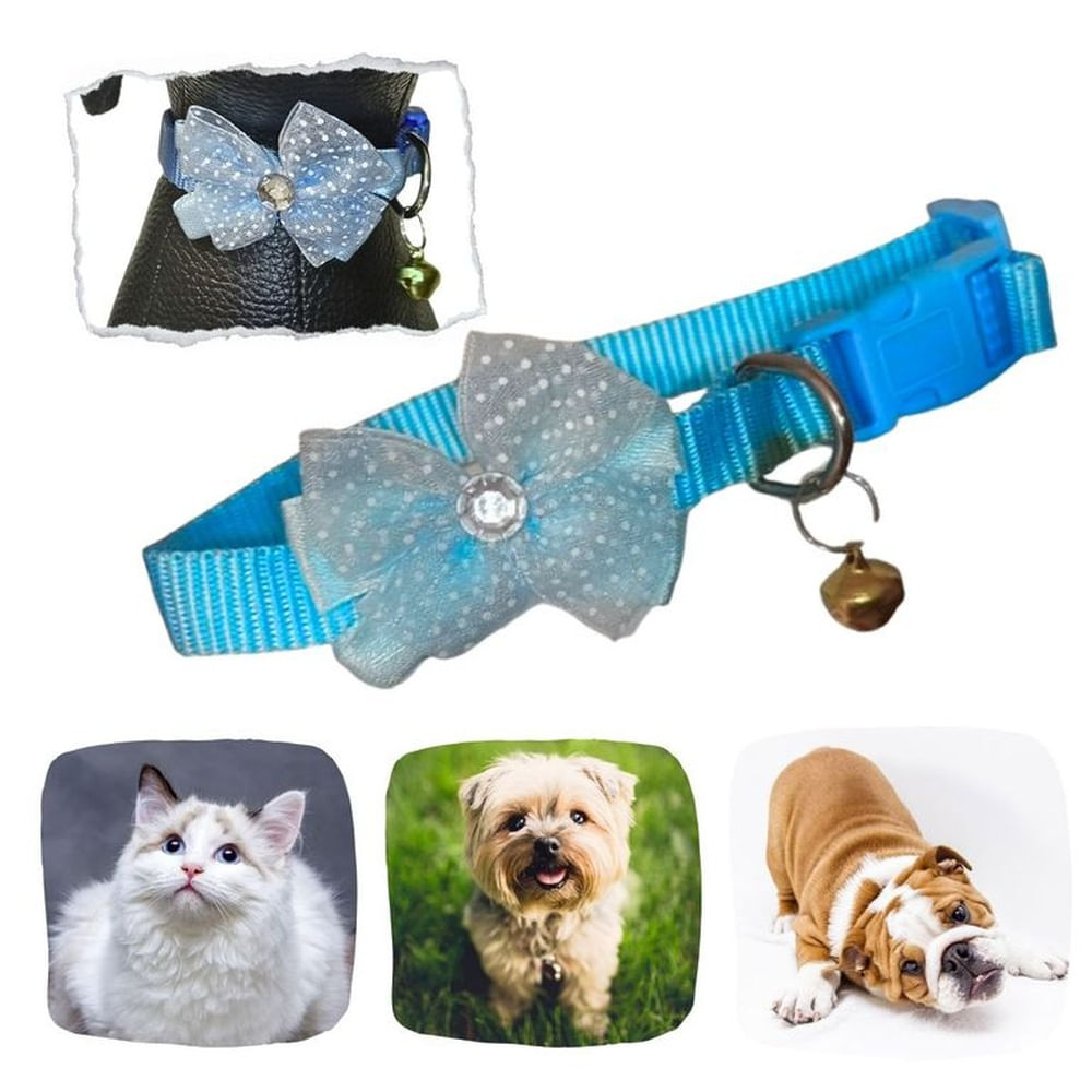COLLAR ANCHO PARA MASCOTAS-MOÑO GRANDE Y CASCABEL CELESTE.