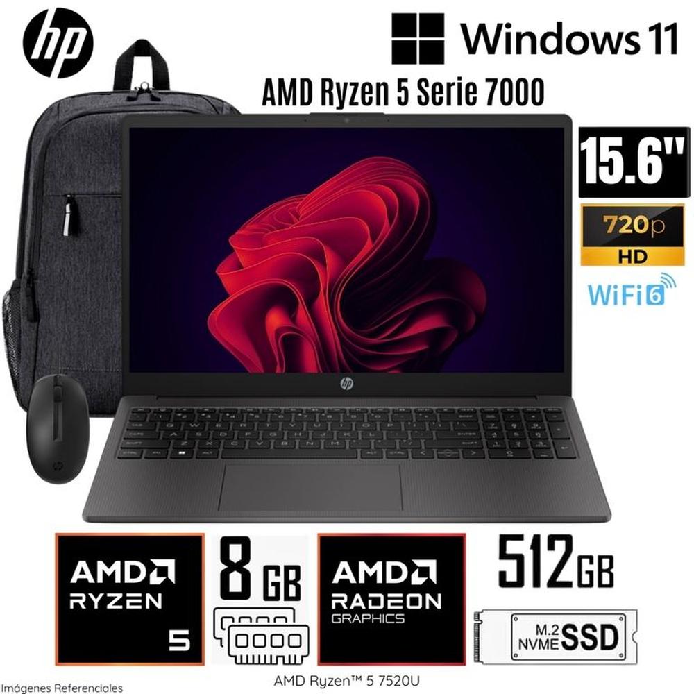 Laptop HP 255 G10 AMD Ryzen5-7520U 8GB RAM 512GB SSD 15.6 HD más Mochila y Mouse HP - A12HBLT
