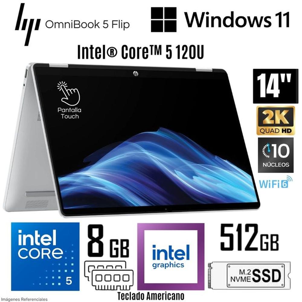 Laptop HP OmniBook 5 Flip 14-FP0013DX Intel Core 5 120U 8GB RAM 512GB SSD 14 pulg 2K Touch - Silver