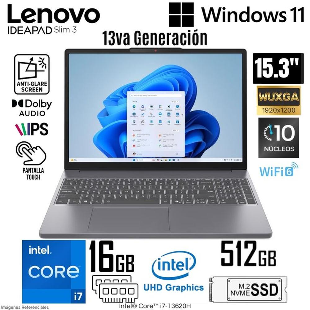 Laptop Lenovo IdeaPad Slim 3 15IRH10 Intel Core i7-13620H 16GB RAM 512GB SSD 15.3  WUXGA IPS Touch