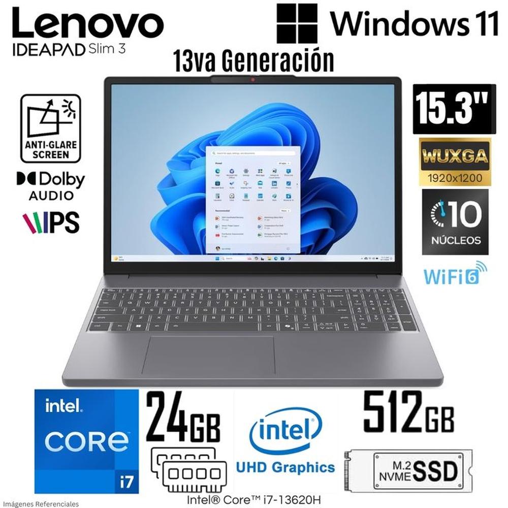 Laptop Lenovo IdeaPad Slim 3 Intel Core i7-13620H 24GB RAM 512GB SSD 15.3  WUXGA IPS - 83K100KFLM
